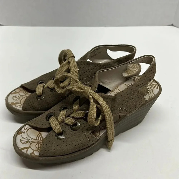 Fly London Ylva Wedges Sandals Open Toe Lace Up Suede Shoes Tan Brown Size 9 - Picture 1 of 10